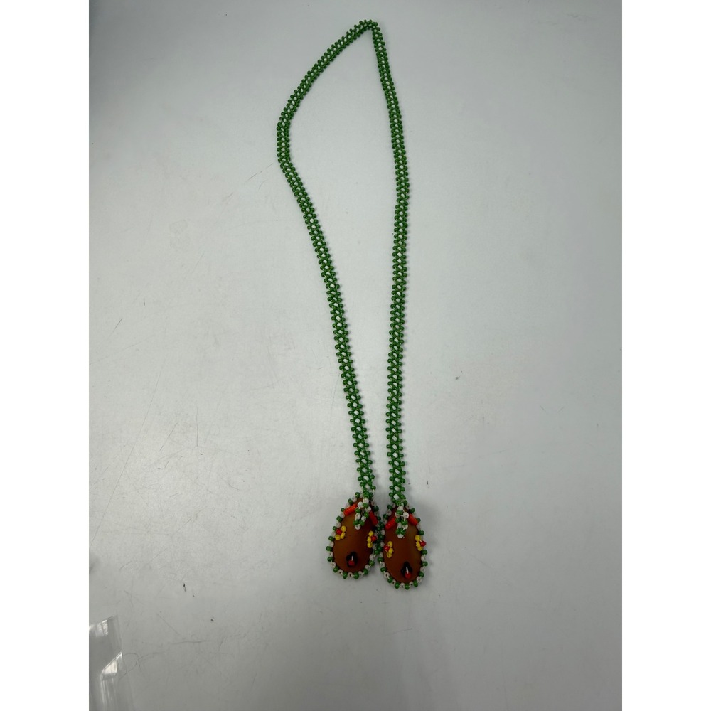 Handmade Beaded Moccasin Pendant Necklace Green White Seed Bead Folk Art Jewelry